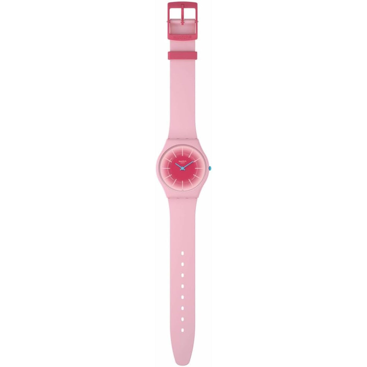 Pink Swatch quartz wristwatch with pink silicone strap, dial at top