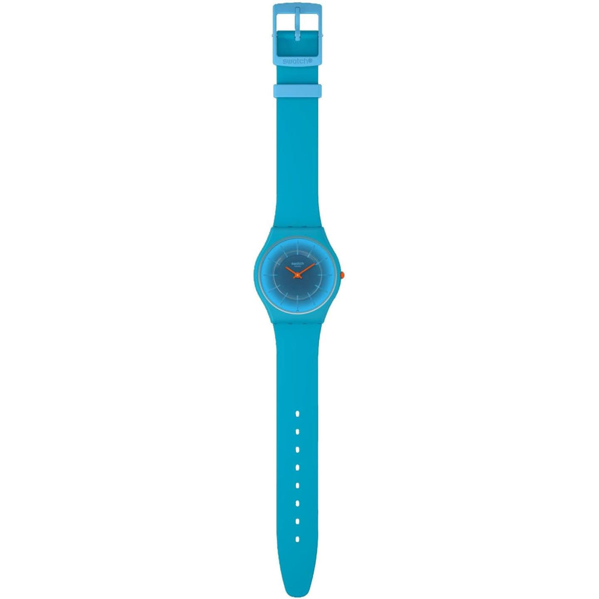 Swatch teal silicone strap watch with small round blue dial and orange hands