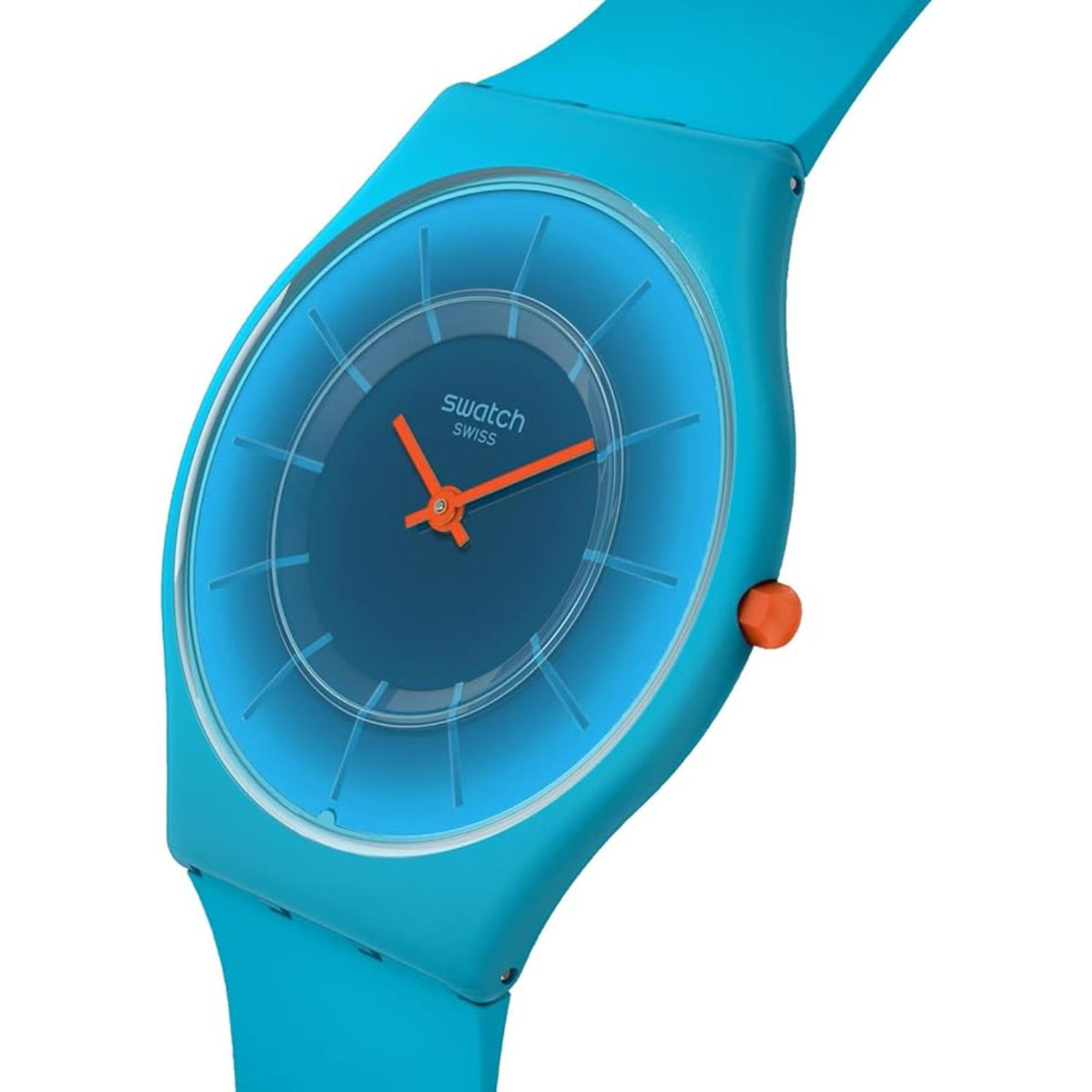 Swatch teal blue dial quartz watch close-up with orange hands and round glass