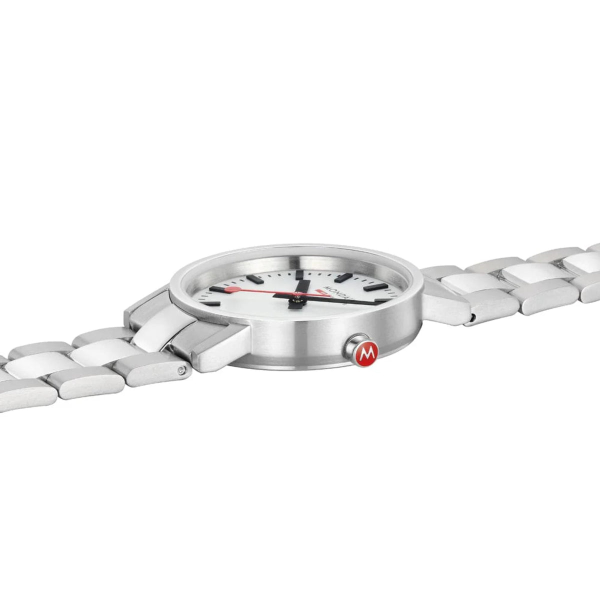 Steel ladies quartz watch with white dial, red hands; link bracelet and clasp details