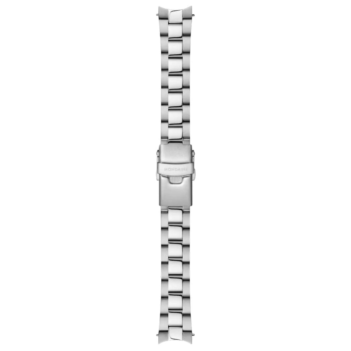 Steel link bracelet with clasp for ladies quartz watch, white dial partly visible