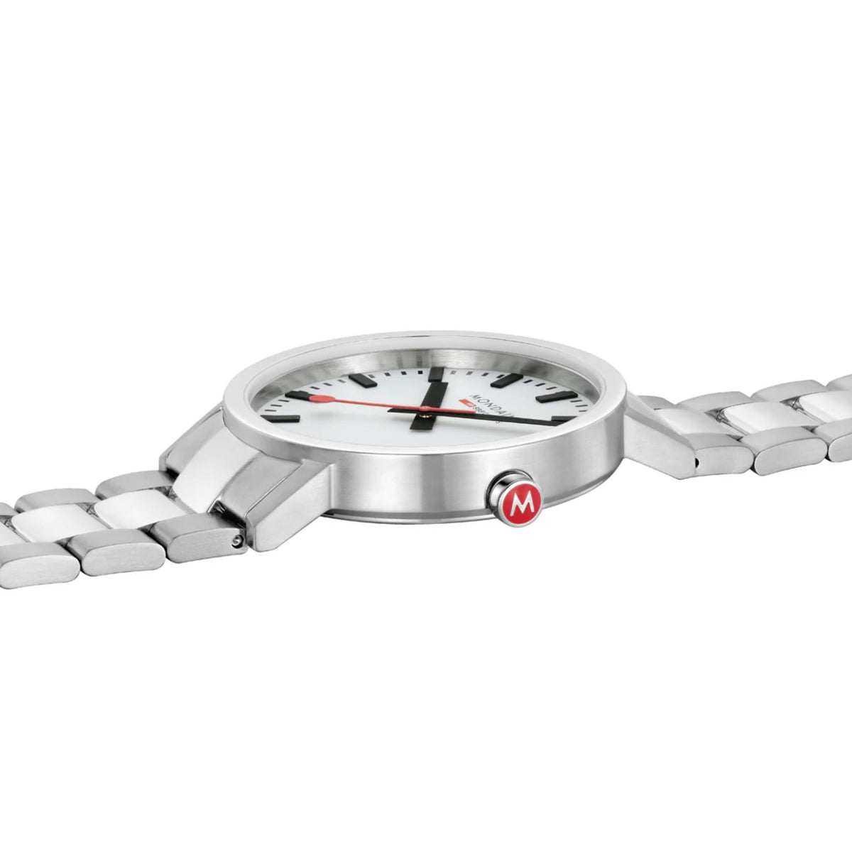 Stainless watch case with crown and white dial, red and black hands on steel bracelet