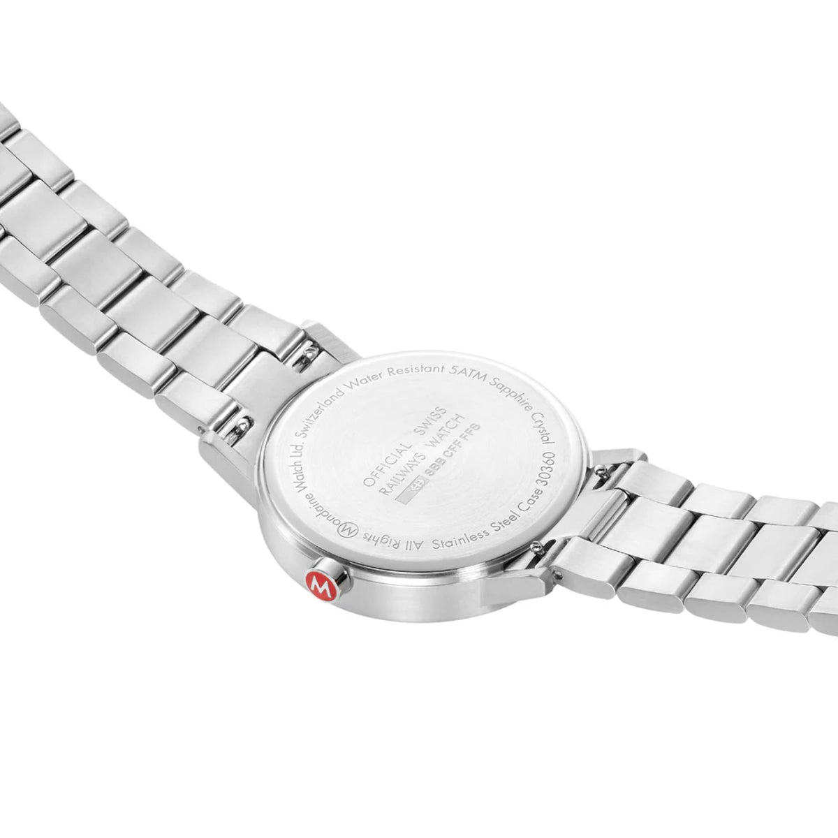 Stainless steel caseback and clasp on linked bracelet