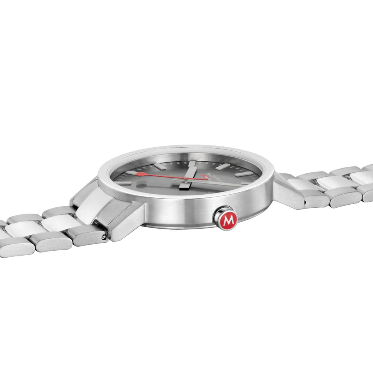 Mondaine Classic Mens Quartz Watch A660.30360.81SBJ side perspective showing slim stainless steel case and red M logo crown