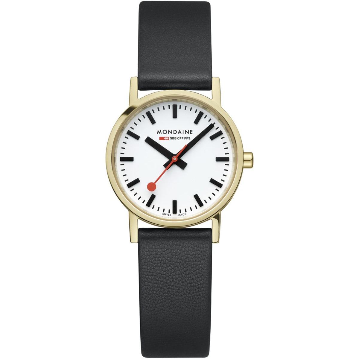 Mondaine women’s watch with white dial, black leather strap, and gold-tone case