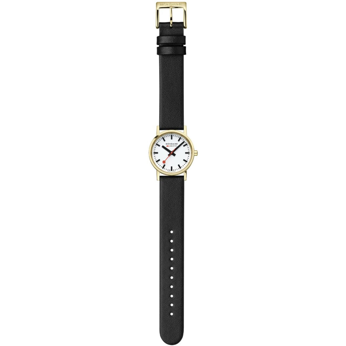 Mondaine women’s watch with black leather strap and white dial with gold-tone case