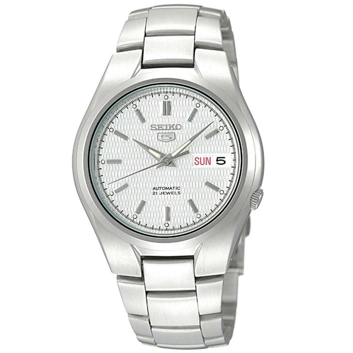 Seiko 5 SNK601K1 mens watch featuring a textured white dial and stainless steel bracelet