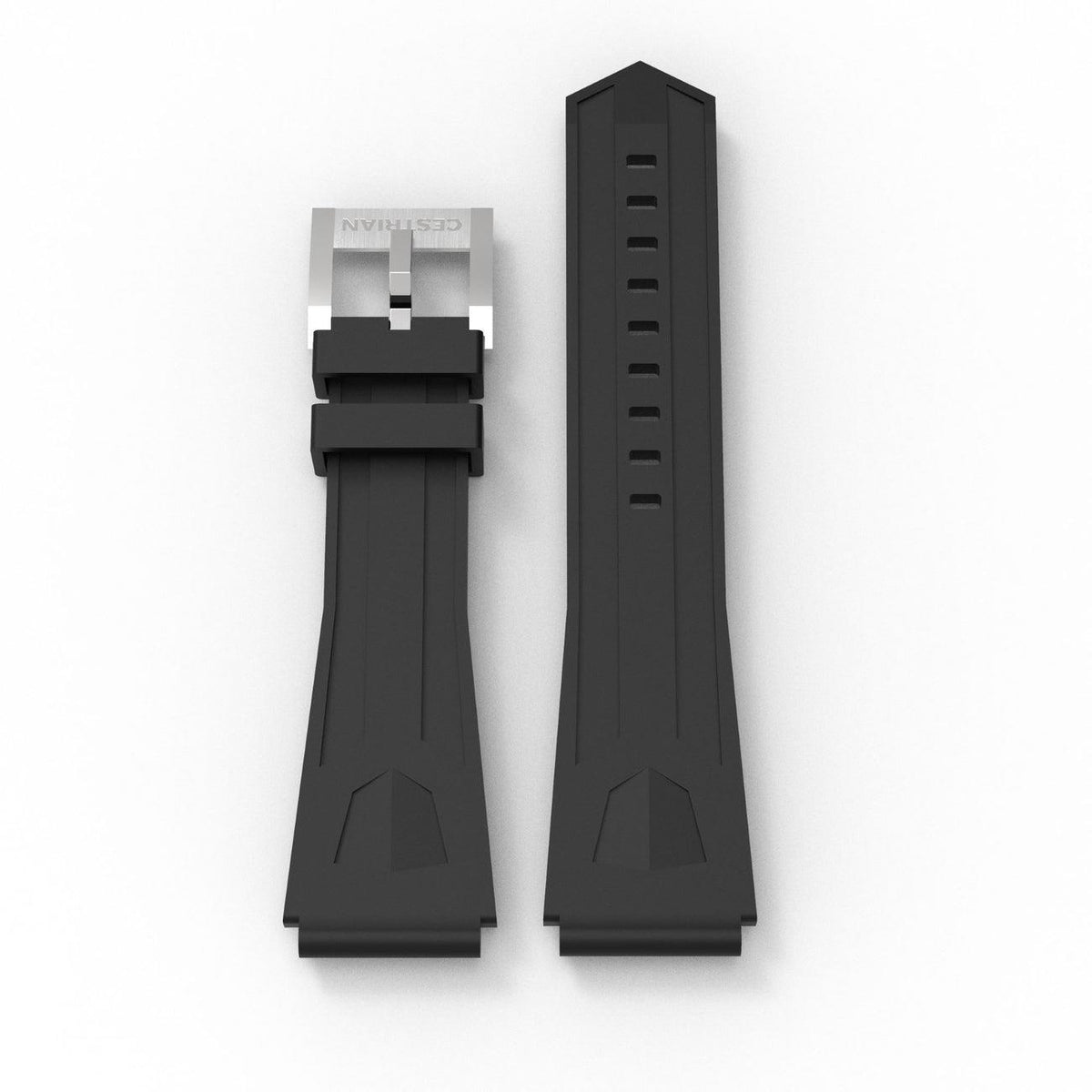 Black silicone dive watch strap, 22mm, with buckle clasp and adjustment holes
