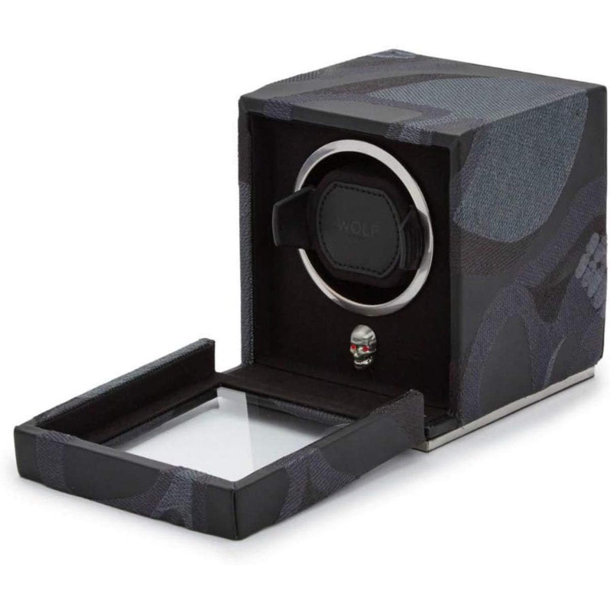 Single watch winder with lid open, showing rotating pad inside and skull keychain charm