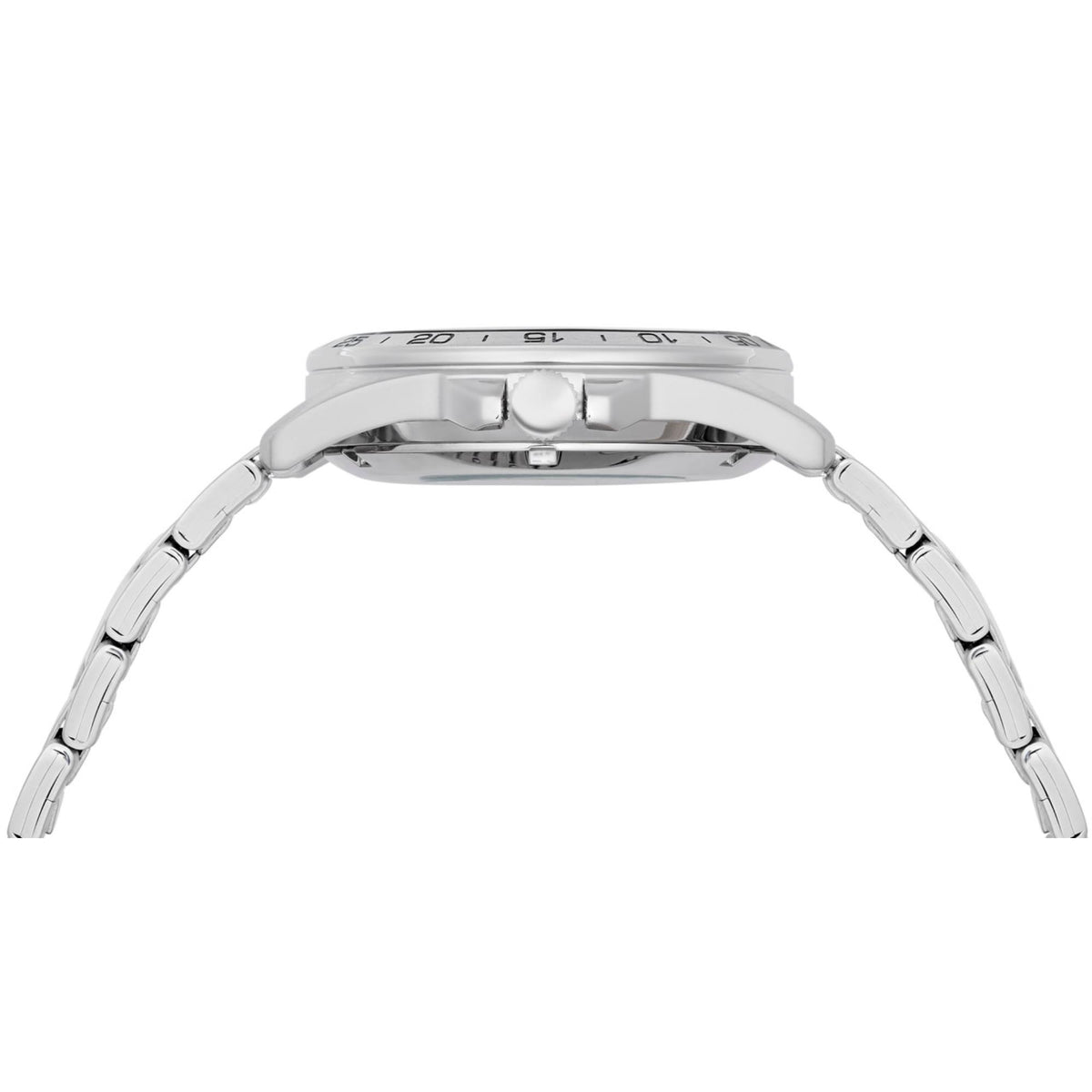 Men's stainless steel automatic watch side view with crown and metal bracelet