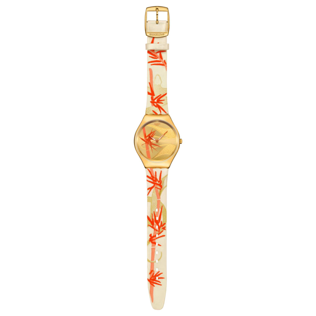 Gold-tone round watch with yellow dial and red plant graphic; long yellow textile strap