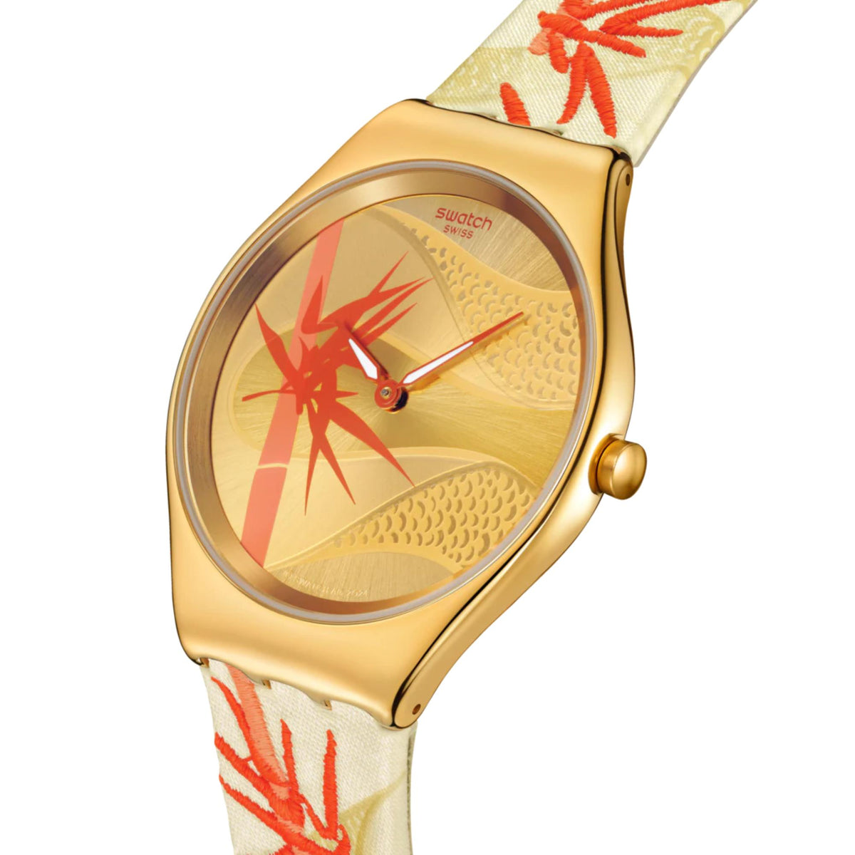 Close-up of gold-tone round watch with yellow dial and red plant graphic; patterned strap