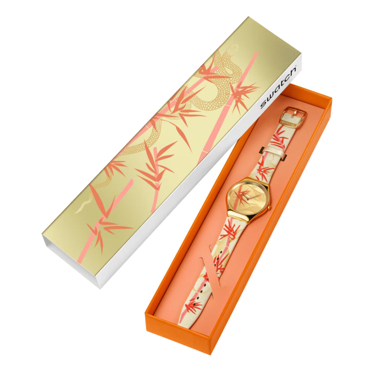 Watch set in box: gold-tone round watch with yellow dial and red plant graphic strap
