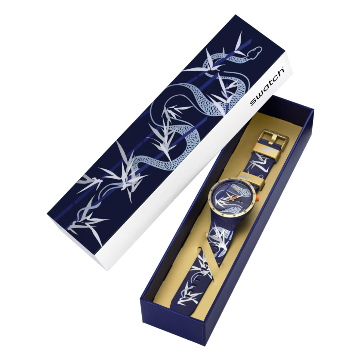 Boxed men's blue silicone strap watch with gold bezel and patterned dial