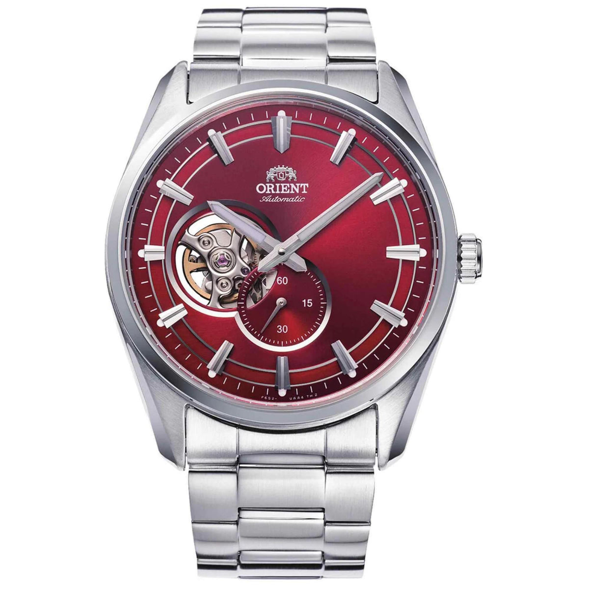 Men’s steel automatic watch with red open-heart dial and three-hand design