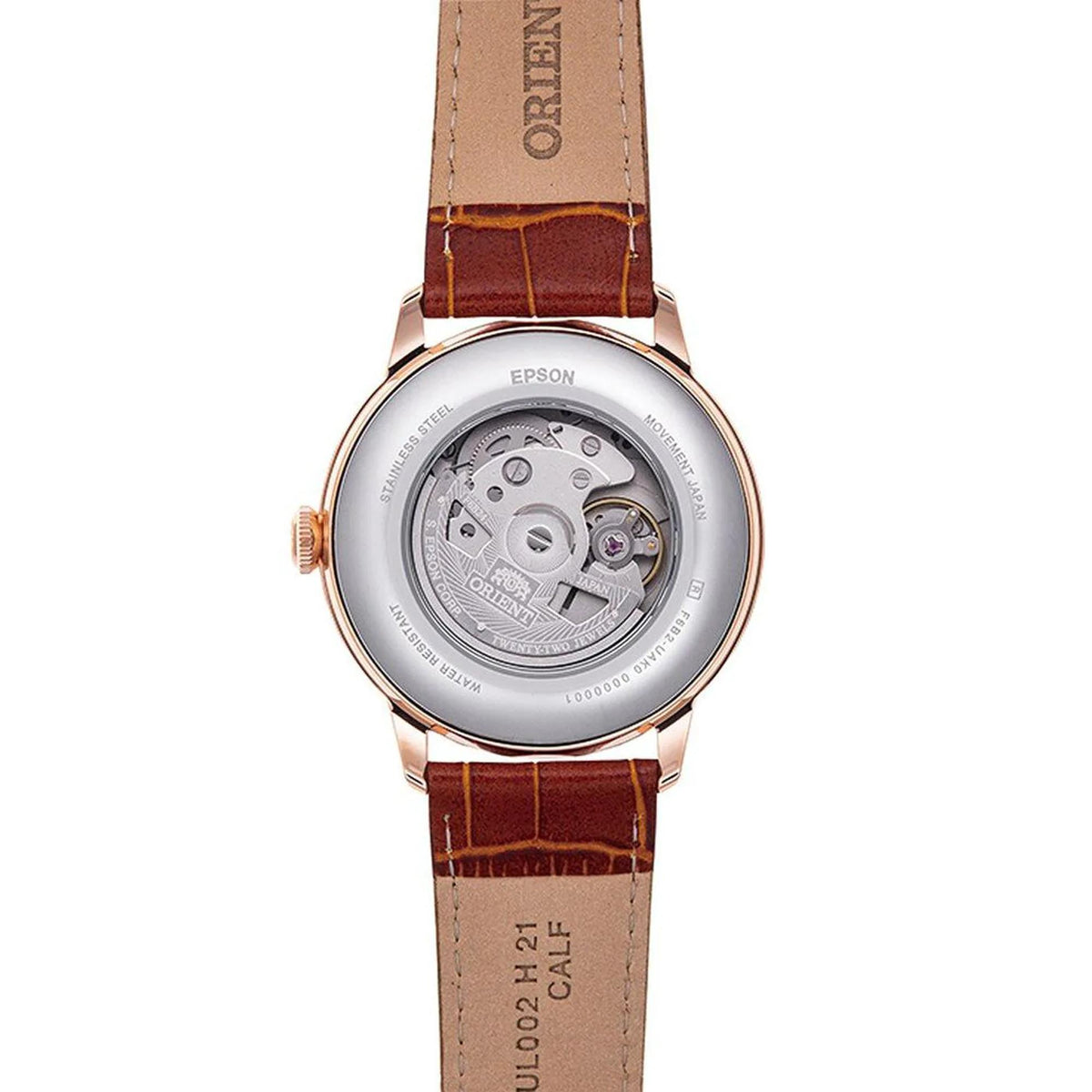 Orient Bambino Sun & Moon watch with brown leather strap, rose-gold caseback showing Orient and Epson