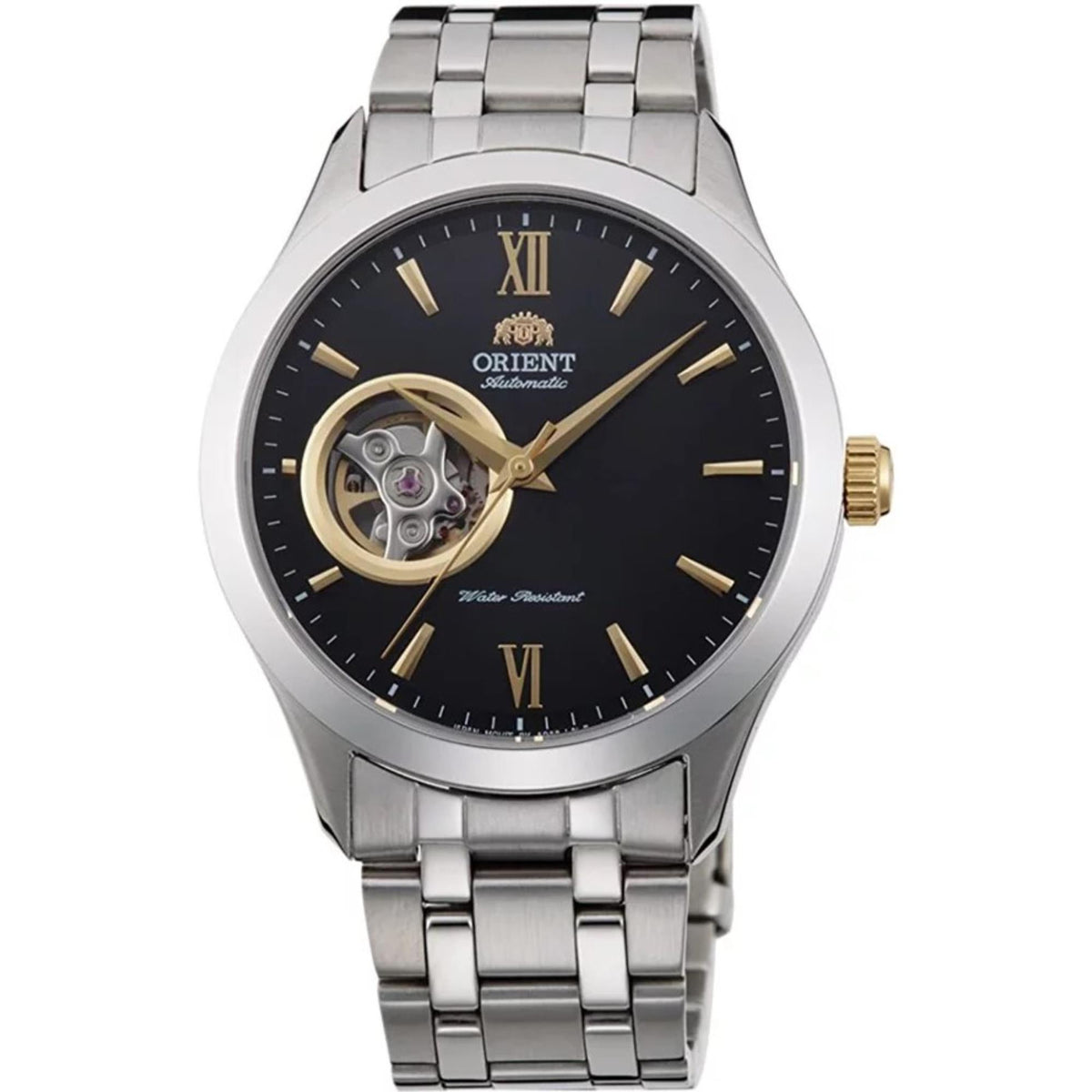 Men's automatic open-heart watch with black dial, Roman numerals, gold hands, steel bracelet