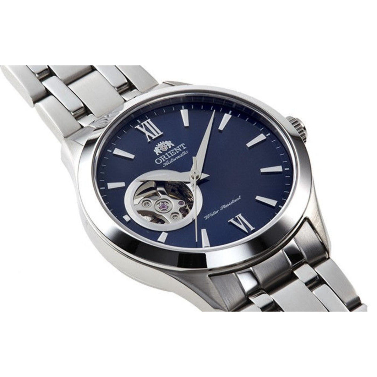 Orient Contemporary stainless steel watch, blue dial with Roman numerals and open-heart movement