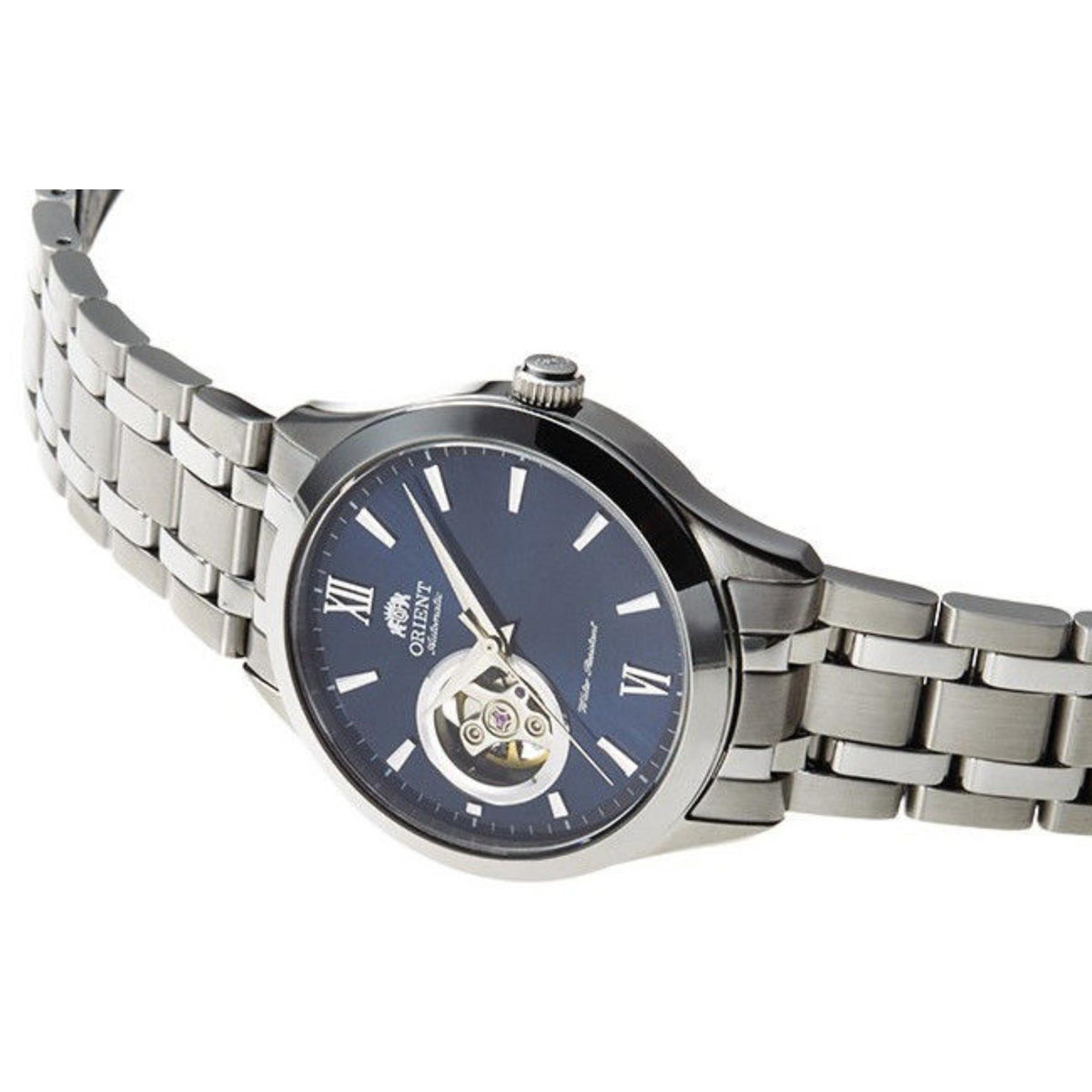 Orient Contemporary steel automatic watch showing blue dial and metal bracelet, side angle