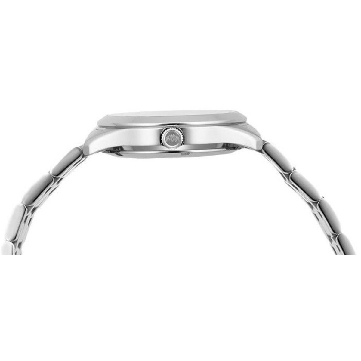 Orient Contemporary steel automatic watch case top view with crown and ridged bezel