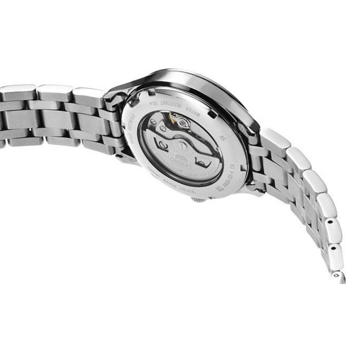 Orient Contemporary stainless steel watch back view on metal bracelet with engraved case