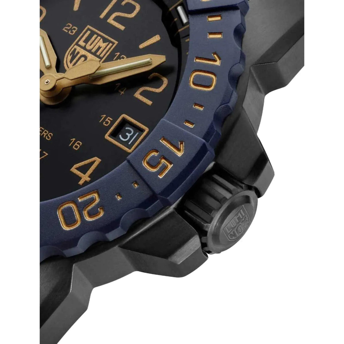 Navy Seal men's quartz watch case and bezel with blue rubber strap, date window detail.