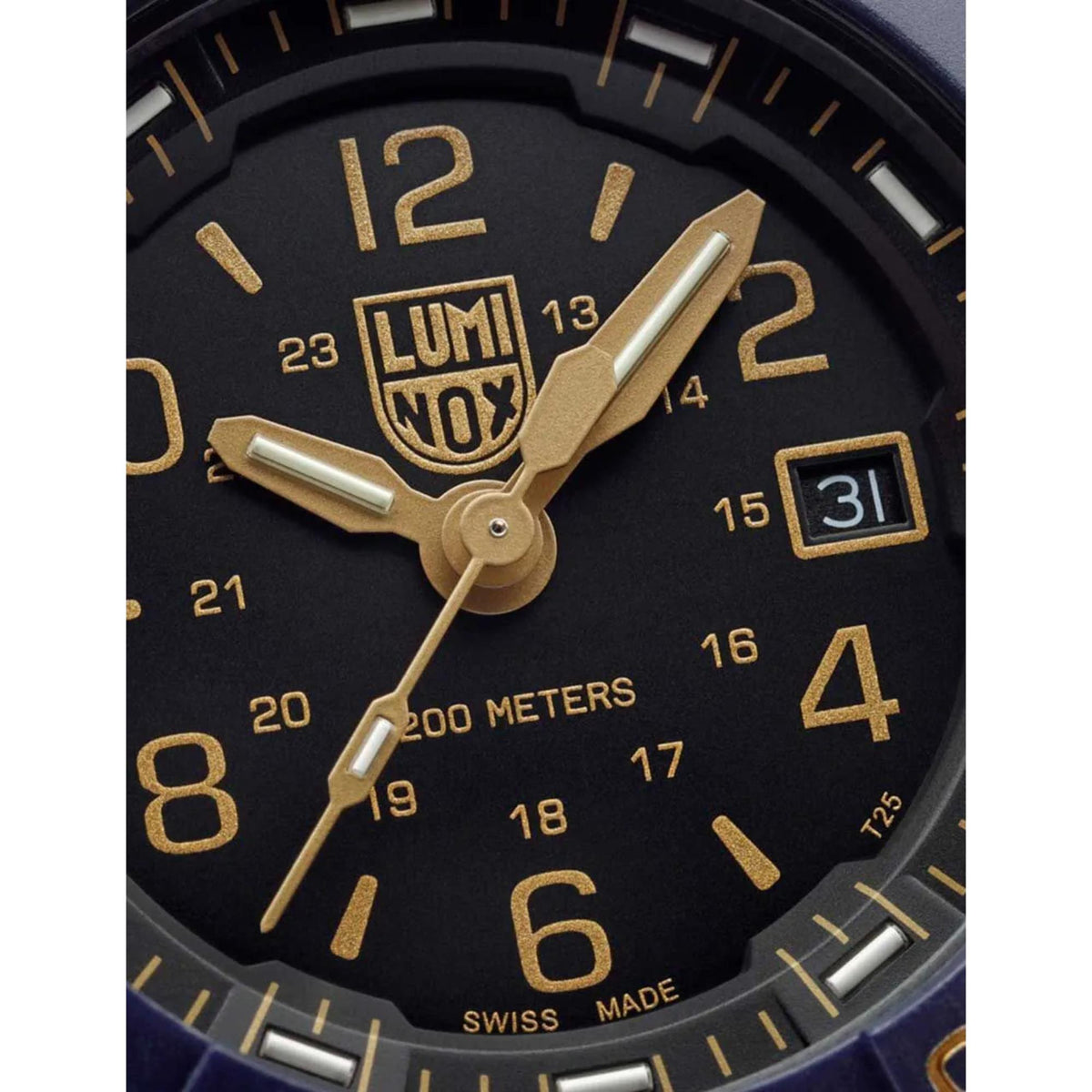 Navy Seal men's quartz watch close-up: black dial with gold hands, markers, and date.