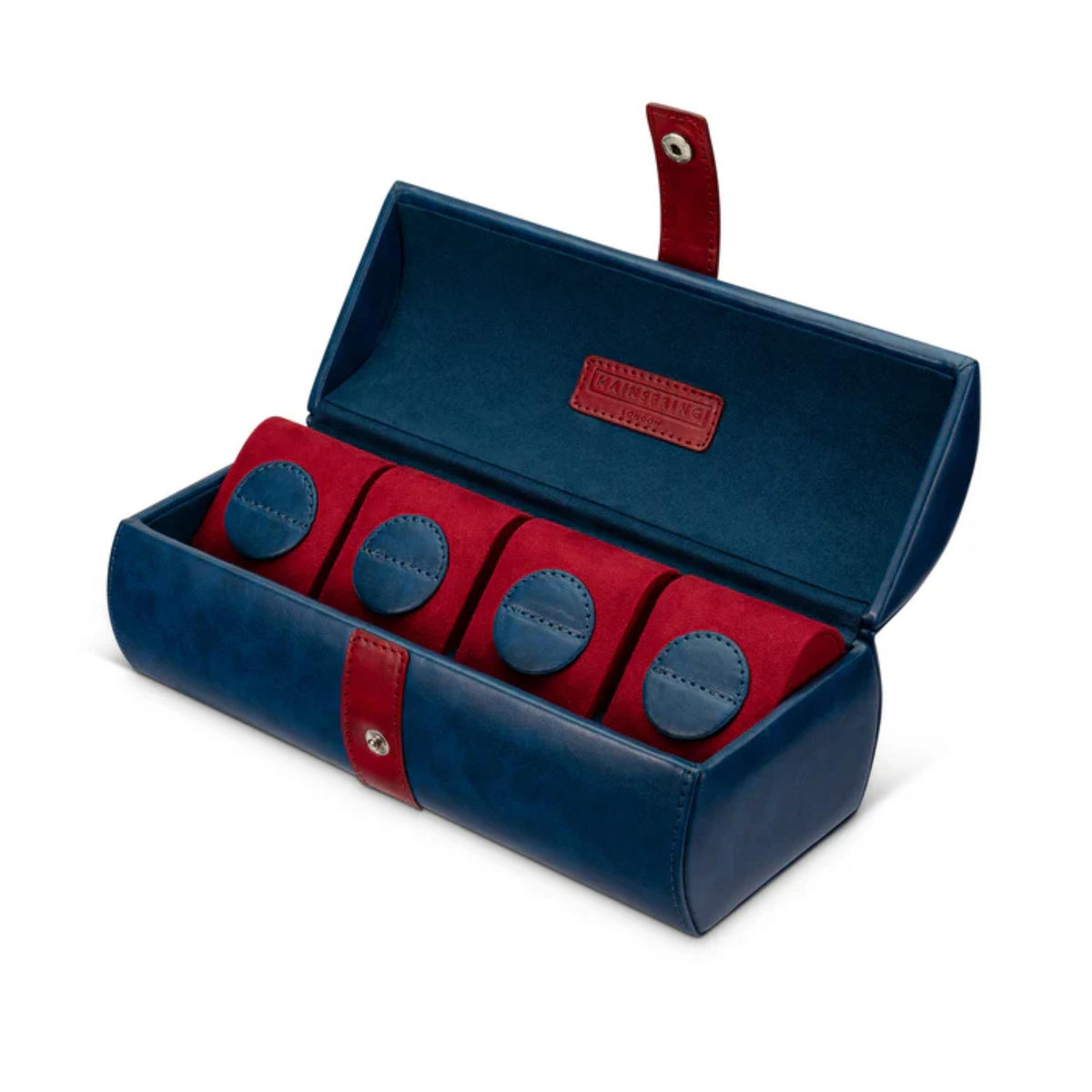 Open navy blue watch case pouch with four circular watch cradles in red inserts.