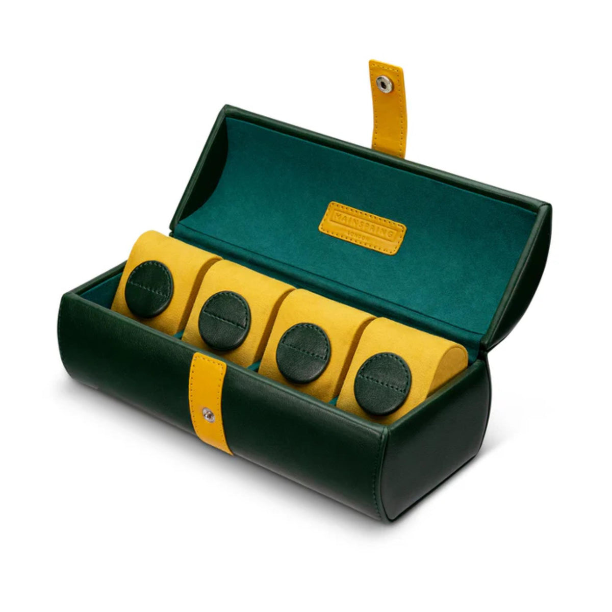 Open green watch case pouch showing four padded slots in yellow with round dark covers