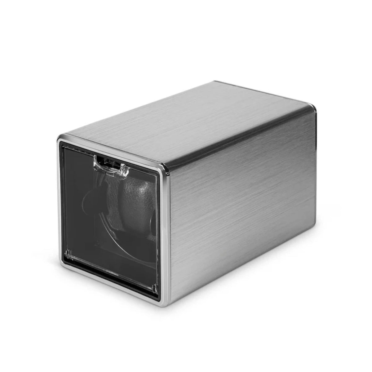 Silver single-slot watch winder side view with brushed metal finish and window