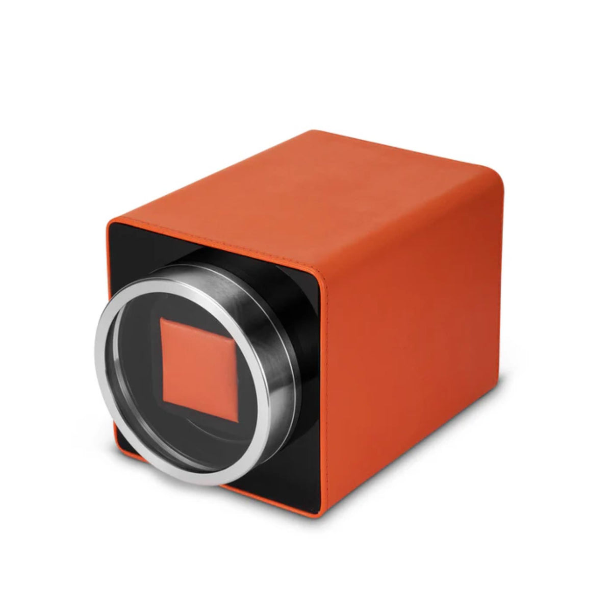 Coral single-watch winder cube with silver circular rotor window and black front panel