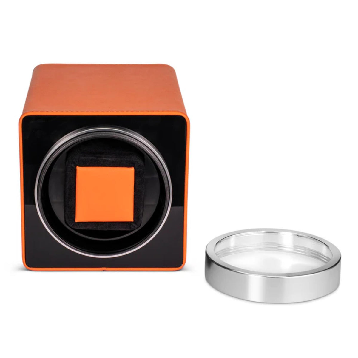 Coral single-watch winder with silver circular window and removable metal cover