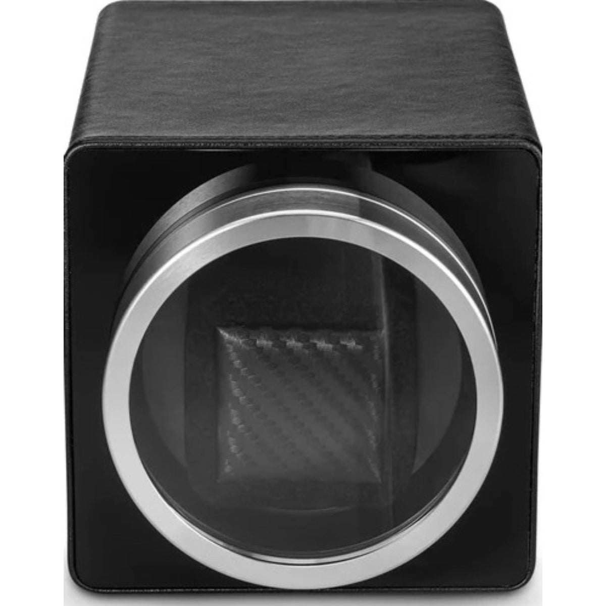 Single-slot black watch winder with circular viewing window and silver trim