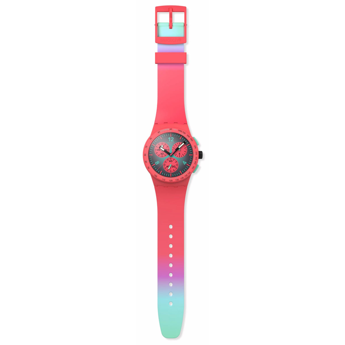 Silicone strap watch with red strap and round dial with three chronograph subdials