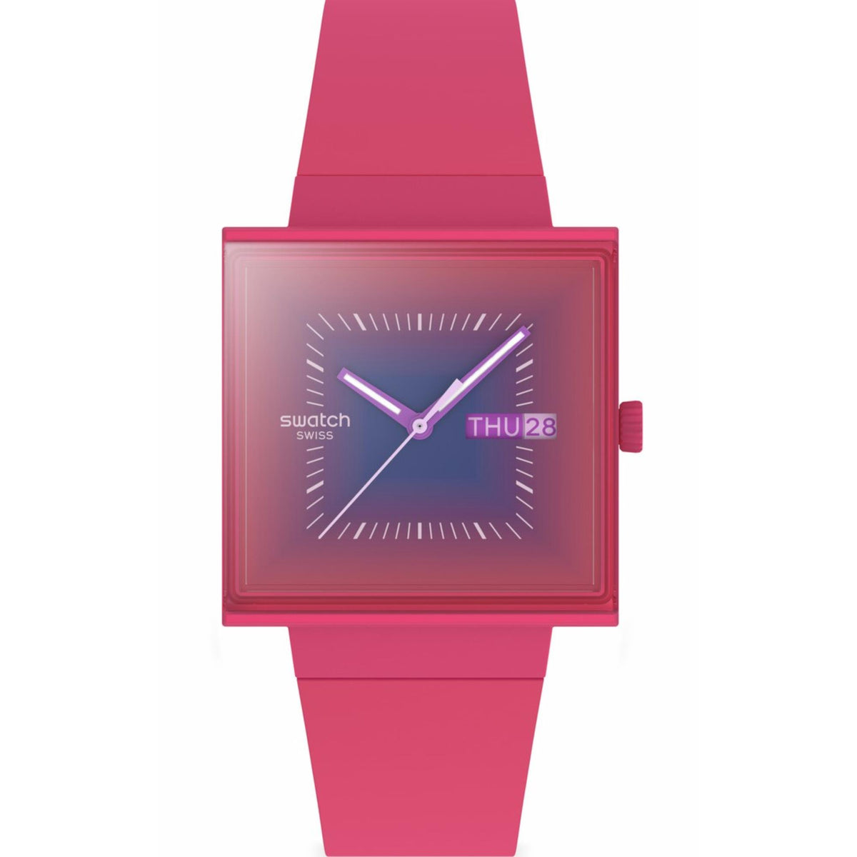 Square pink silicone strap watch with berry pink dial and purple-toned hands