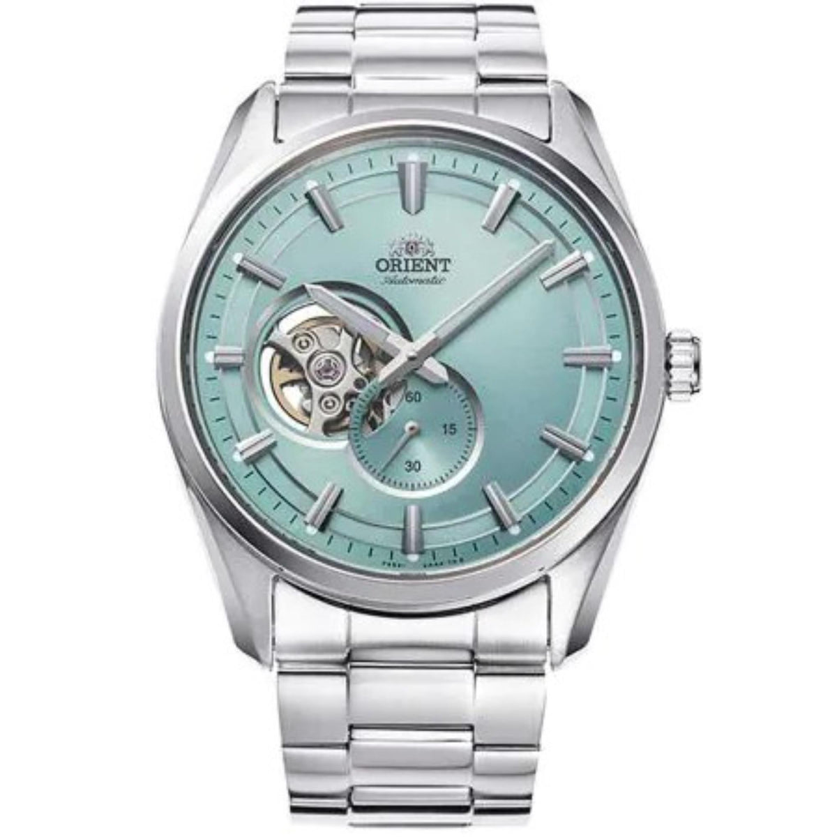 Orient Stretto RA-AR0009L30B mens automatic watch with semi-skeleton light blue dial and steel bracelet