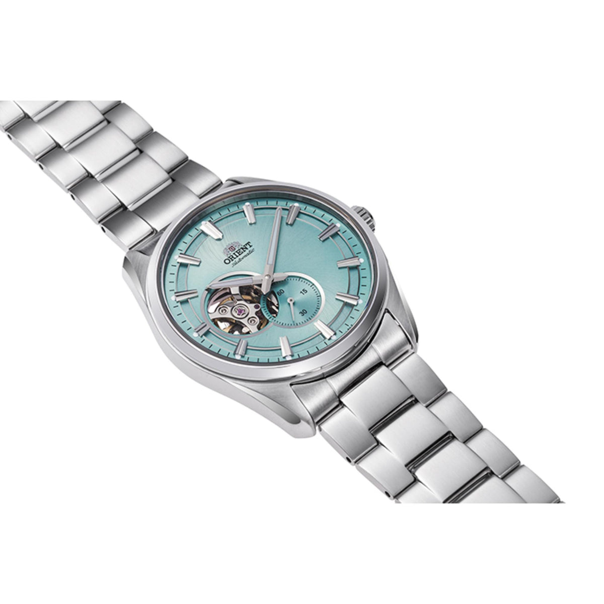 Angled view of Orient Stretto Semi Skeleton RA-AR0009L30B mens automatic watch, semi-skeleton light blue dial, steel bracelet