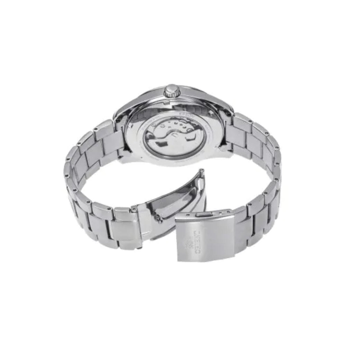 Back view of Orient Stretto RA-AR0009L30B mens automatic watch with stainless steel bracelet and see-through caseback