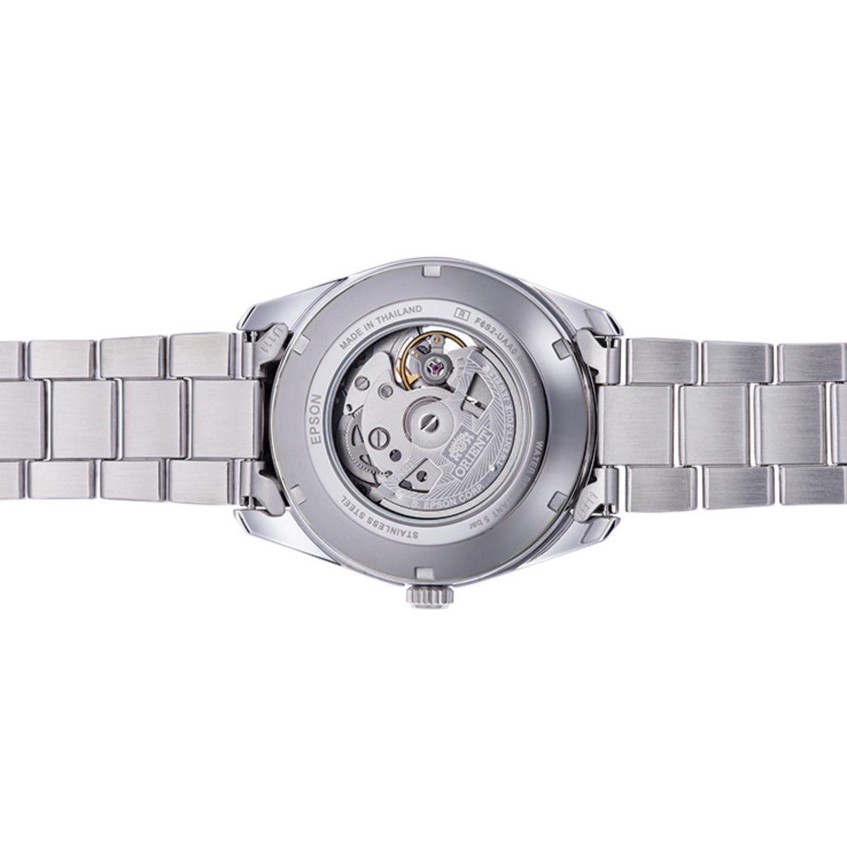 Orient Stretto Semi Skeleton RA-AR0009L30B automatic watch caseback with exposed movement and stainless steel bracelet