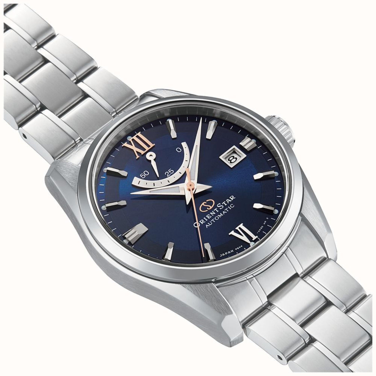 Men's automatic steel watch, blue dial with roman numerals and date window at 8