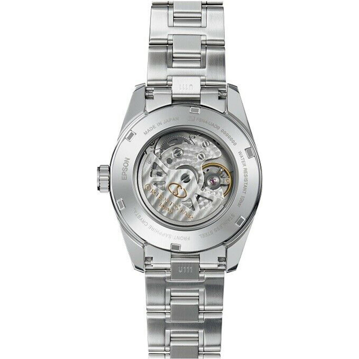 Men's automatic steel watch back view, visible mechanical movement through window