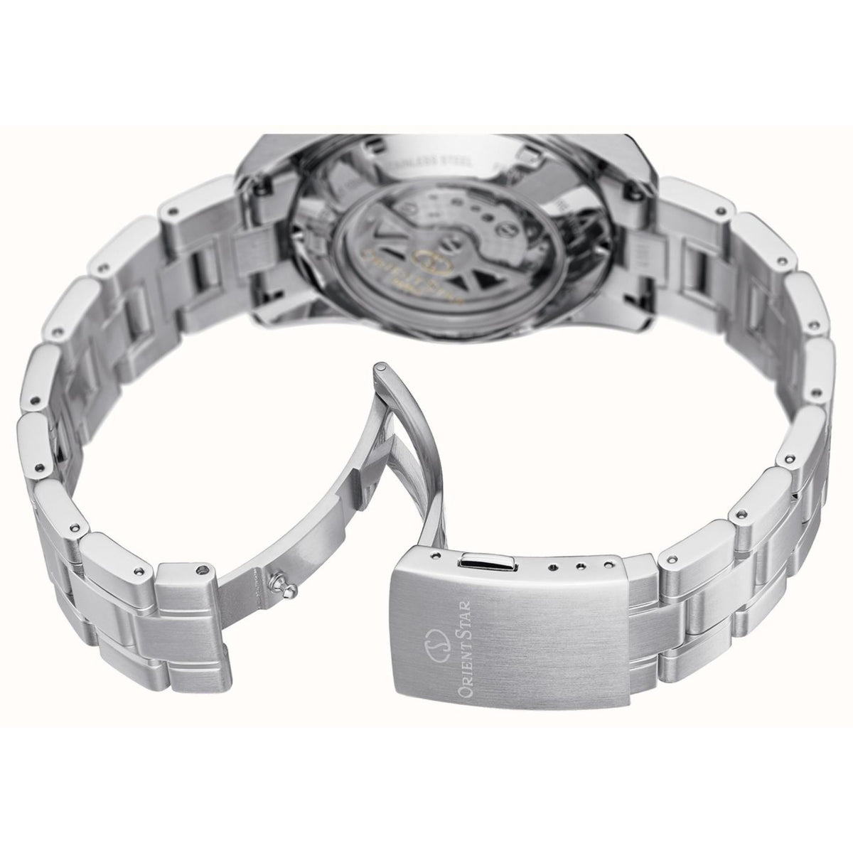 Men's automatic wristwatch with steel bracelet and clasp, view of underside and caseback