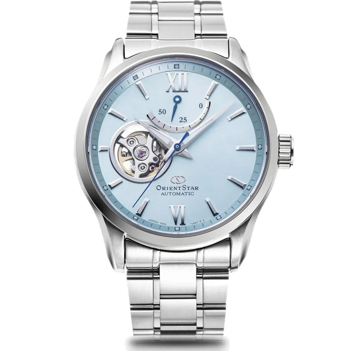 Steel automatic wristwatch with blue dial, semi-skeleton window, and metal bracelet