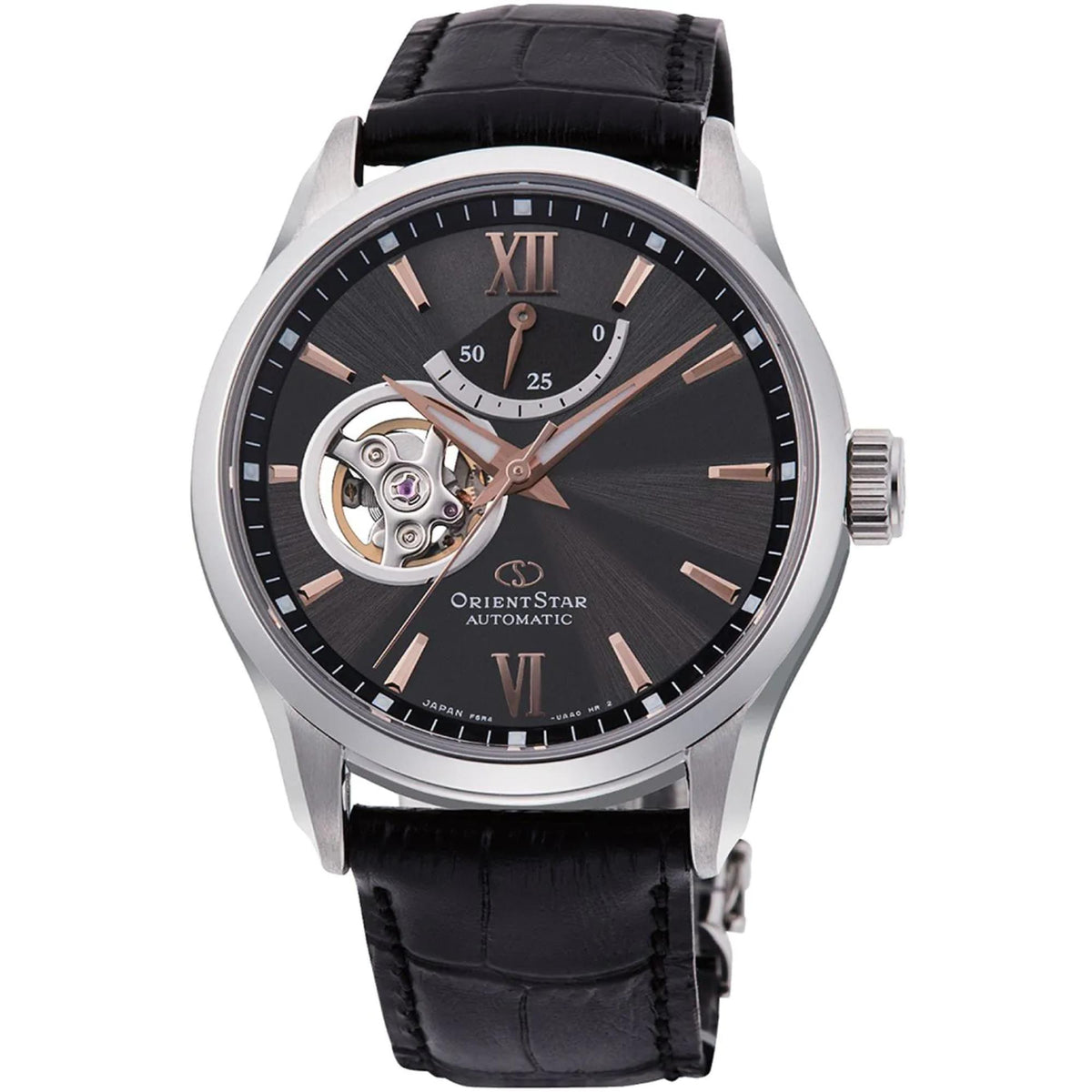 Automatic wrist watch with black leather strap, silver case, dark dial