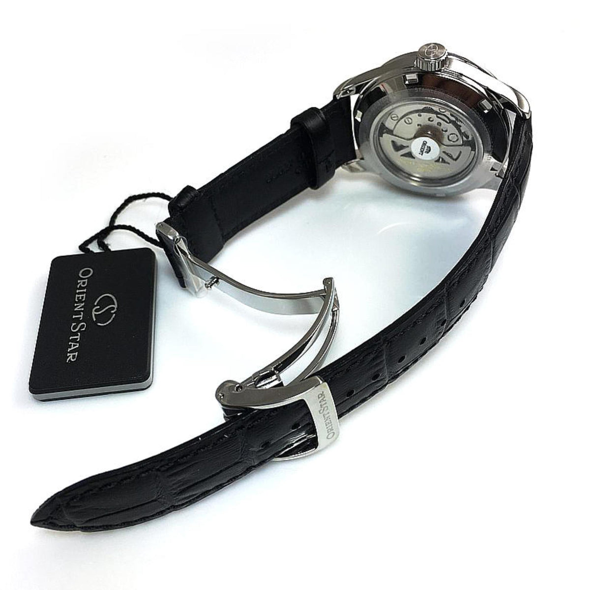 Automatic wrist watch with black leather strap, silver case, hanging Orient Star tag