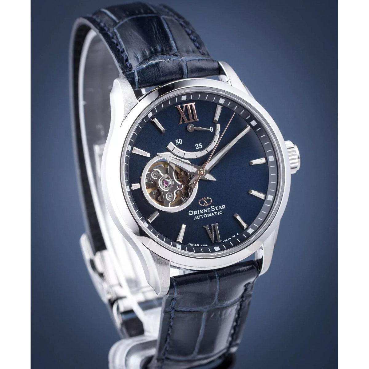 Men's automatic watch with dark blue dial, Roman numerals, black leather strap