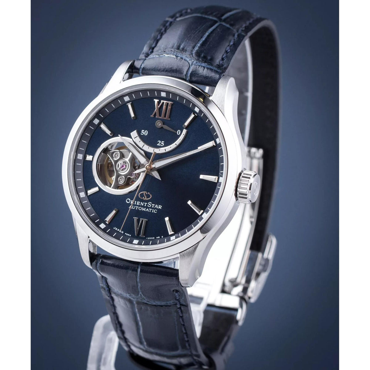 Front view automatic watch with dark blue dial, Roman numerals, black leather strap
