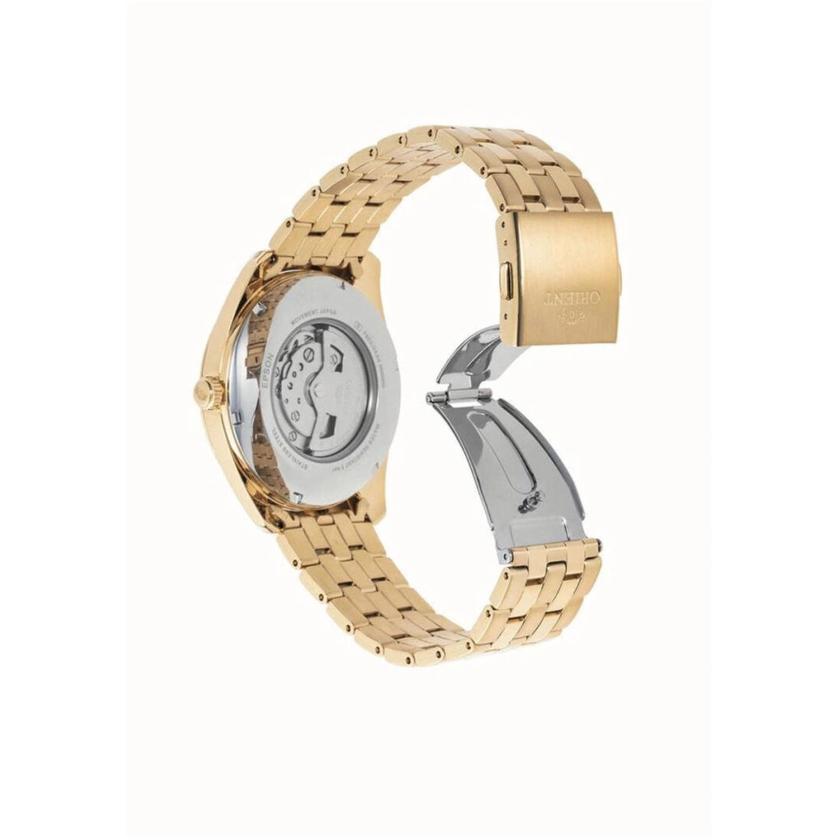 Orient Multi-Year Calendar RA-BA0001G30B automatic watch rear view with gold-tone steel bracelet and see-through caseback