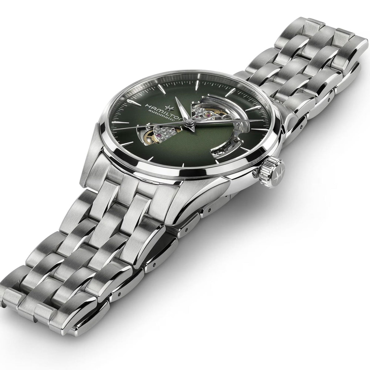 Hamilton Jazzmaster Open Heart watch with a green skeleton dial and stainless steel bracelet