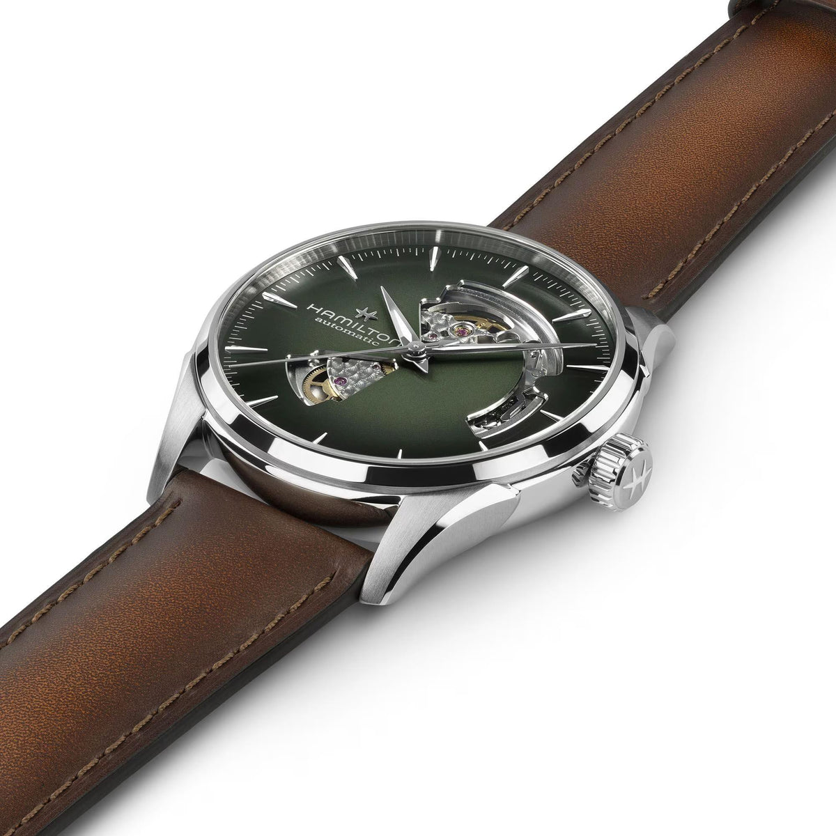 Hamilton automatic watch with green dial and open-heart Dial Style showing the inner mechanics, with a brown leather strap
